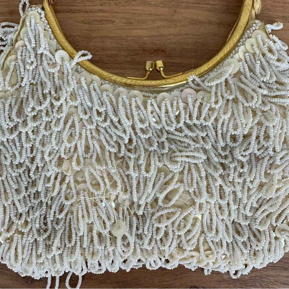 Vintage White Beaded Clutch with Gold Handle